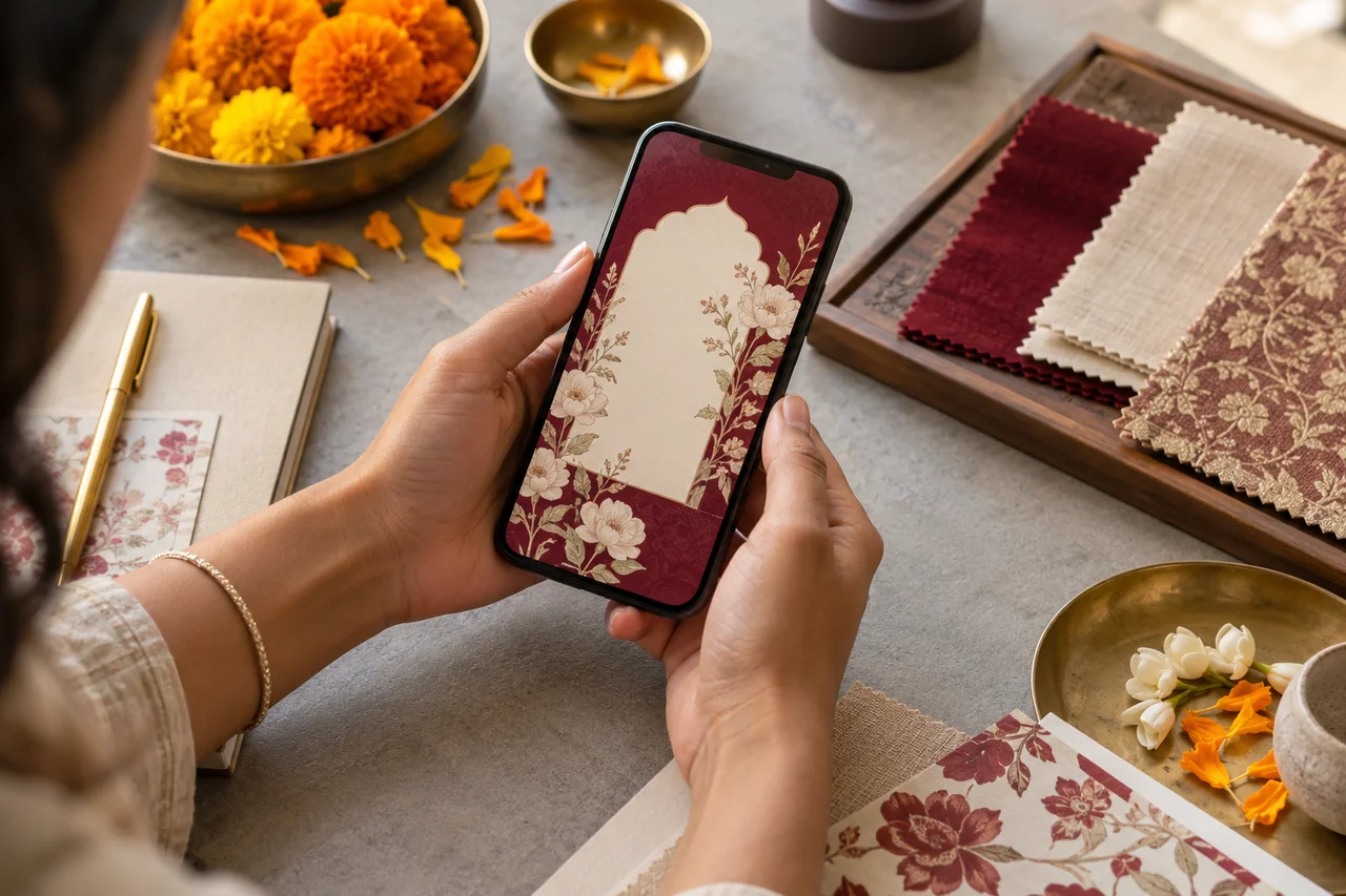फूलों की हल्की सजावट के साथ मोबाइल निमंत्रण का नमूना देखते डिज़ाइनर के हाथ फूलों की हल्की सजावट के साथ मोबाइल निमंत्रण का नमूना देखते डिज़ाइनर के हाथ